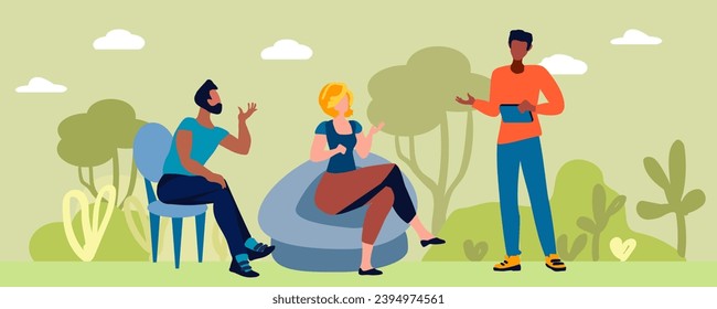 People talk against the backdrop of trees and bushes. Discussion. Friends chatting. Employee dialogues. Informal communication concept. Vector illustration