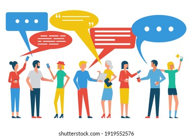 People talk. Businesspeople discuss social networks. Speech bubbles. Human dialogue. Chat of young progressive people. Give your opinion. Vector illustration flat design.
