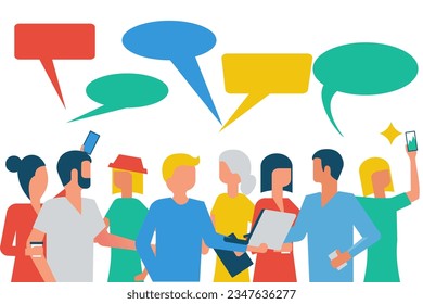 People talk. Businesspeople discuss social networks. Speech bubbles. Human dialogue. Chat of young progressive people. Give your opinion. Vector illustration flat design.