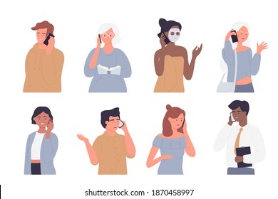 People talk by phone vector illustration set. Cartoon happy man woman characters standing during calls, holding smartphone and talking, person communicating, communication collection isolated on white