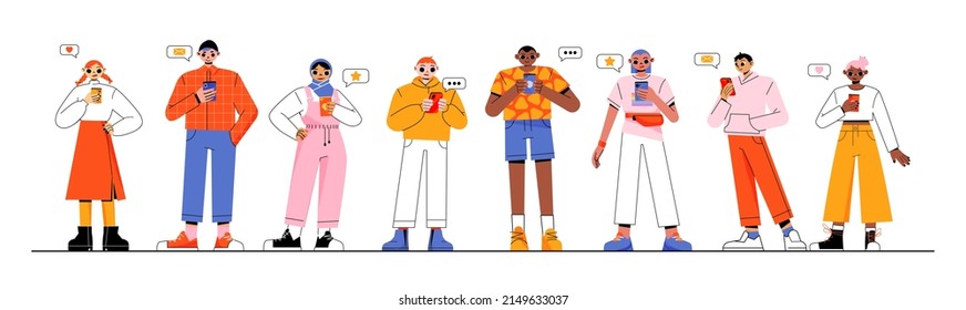 People talk by smartphones, characters communicate and browsing social networks with speech bubbles. Men and women stand in row using gadgets, chat in internet by mobiles, Linear vector illustration