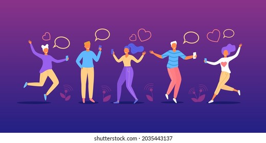 People talk in chat, communicate by message bubble, vector illustration. Happy man woman friends character talking together, texting and heart icon.