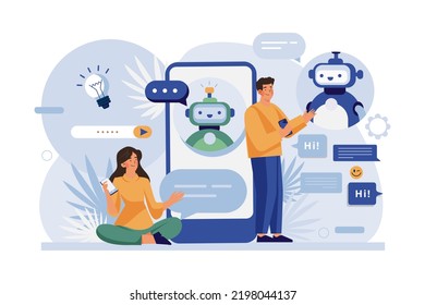 La gente habla con robots chatbot en la aplicación para smartphones