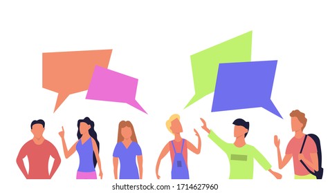 La gente habla de la ilustración plana vectorial de comunicación. Establecer retrato de carácter con icono de burbuja de chat.  