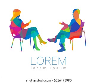 The people talk. Counselling or Psychotherapy session. Man woman talking while sitting. Silhouette profile. Modern symbol logo. Design concept sign. Rainbow bright and colorful
