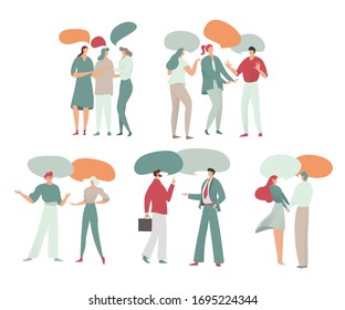 People talk, dialogue, chats. Vector illustration with flat cartoon people characters and empty speech bubbles isolated on white for social networks, business. Chat, communication, comment, dialog.