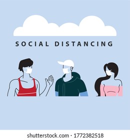 people talk with distance to prevent infection of coronavirus or covid 19 vector illustration design