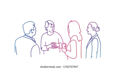 People talk during the break. Rainbow colors in linear vector illustration.