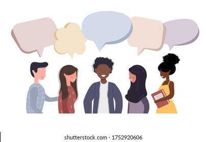 People talk to each other. Businessmen discuss social network. Friends chat with dialog speech bubbles. Modern vector illustration in flat style.