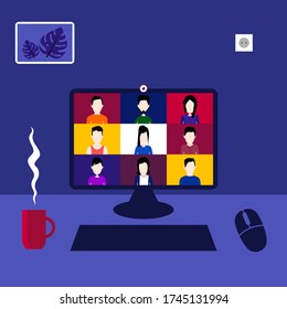 People talk to each other in front of the computer. Meeting, working from home
