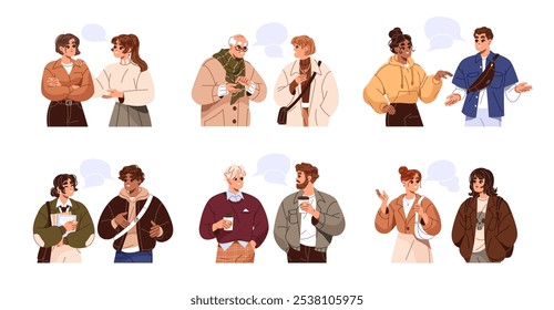 People talk to each other set. Diverse happy men and women chat, communicate in dialog on the go. Friends, employees converse, discuss with speech bubbles. Flat isolated vector illustrations on white