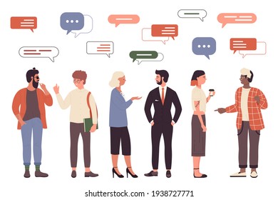 People talk, friendly or work communication vector illustration set. Cartoon man woman friend character talking with message bubble above head, businessman and lady solve work task isolated on white