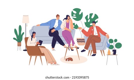 La gente habla en la sala de estar. Amigos reuniéndose, comunicándose en el salón de casa. Hombres, personajes femeninos hablan juntos, se sientan en el sofá, en sillones. Ilustración vectorial plana aislada en fondo blanco