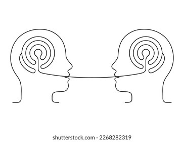 People talk, logic speech, understanding conversation, outline. Maze logic thinking brain. Psychotherapy communication. Conversation two person, dialog speak. Vector continuous line