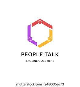 People talk logo template in hexagonal shape. Connected diverse people vector illustration