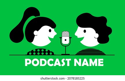 People talk to microphone recording podcast in studio. A funny girl and a guy are broadcasting. A radio host is interviewing a guest. Perfect for podcast design. Vector illustration