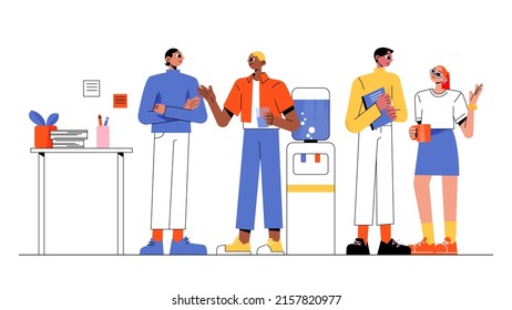 People talk near cooler in office. Vector flat illustration of meeting and conversation of workers. Workplace interior with water dispenser, table and employees discuss of gossips and news