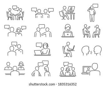 People talk, negotiation, speech thin line icons set isolated on white. Discussion, meeting, chat outline pictograms collection. Debate, controversy, gossip vector elements for infographic, web.