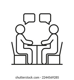 People talk on meet, equality partner at table, icon line. Man communication on work, business partnership. Conversation with speech bubble. Vector illustration