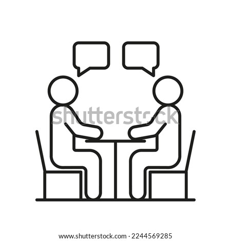 People talk on meet, equality partner at table, icon line. Man communication on work, business partnership. Conversation with speech bubble. Vector illustration