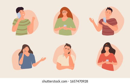People talk on the phone, boys and girls look at the phone screen. Men and women with a phone in their hands. Vector. Flat cartoon style.