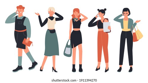 People talk on phone vector illustration set. Cartoon young stylish man and woman characters in trendy casual clothes standing and talking, telephone call dialogue conversation isolated on white