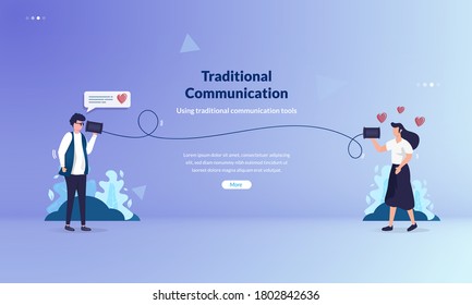 People talk to other using traditional communication tools, telephone cans illustration concept