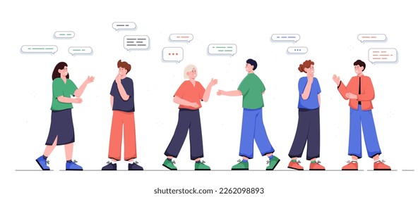 People talk set. Collection of men and women communication characters with speech bubbles. Dialogue and discussion, interaction. Cartoon flat vector illustrations isolated on white background