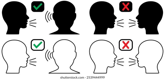 People talk speak and listen, communicate. voice control icons. Pod caster symbol, talking command, sound commander. Talk or talking person sign, man with open mouth. Speech icon for interview, vector