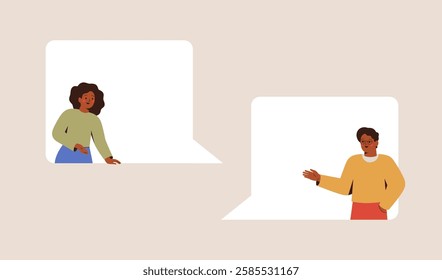 People talk or speak via online messages. Black Man and woman chatting by speech bubbles. Dialogue between friends or colleagues. Corporate communication concept. Vector illustration