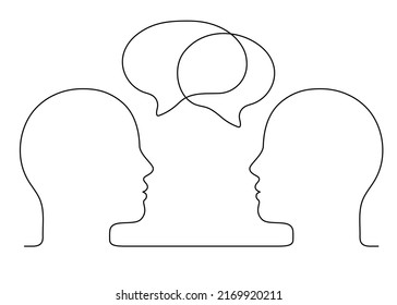 People talk with speech bubble outline, conversation two person, dialog speak, continuous line drawing. Graphics minimalist linear. Balloons for communication, chat and dialogue. Vector illustration