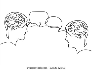 People talk with speech bubble outline, conversation two person, dialog speak, continuous line drawing. Graphics minimalist linear. Balloons for communication, chat and dialogue. Vector illustration