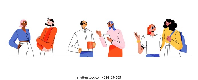 People talk together. Concept of conversation, social network, communication in team or couple. Vector flat illustration of friends dialog, two characters speak