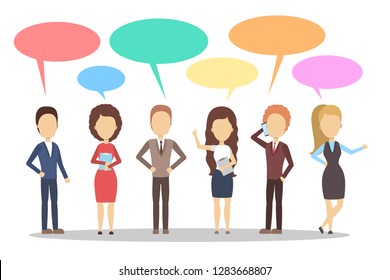 People talk using speech bubble. Group of business people speak and chatting. Communication with person. Isolated flat vector illustration