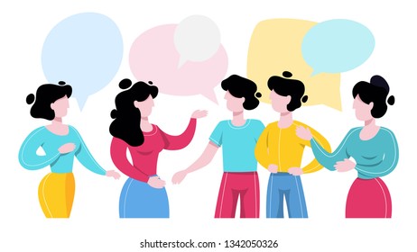 People talk using speech bubble. Group of business people speak and chatting. Communication with person. Isolated flat vector illustration