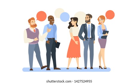 People talk using speech bubble. Group of business people speak and chatting. Communication with person. Isolated flat vector illustration