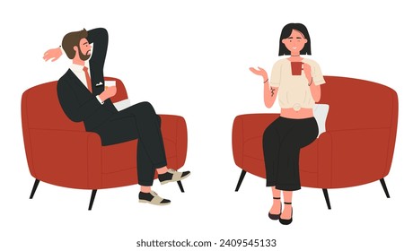 Die Leute sprechen Vektorgrafik. Cartoon junge Mann Freundin oder Kollegin, die in Sesseln sitzt, spricht, Kaffee zusammenkleben, sich beim Mittagessen entspannen und Teehintergrund trinken