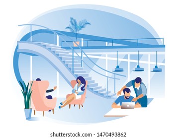 People Talk and Work on First Floor of Coworking Center. Coworking Center. Vector Illustration. Workflow in Office. Work and Leisure. Communicate in Office. Man Stands Behind Man With Laptop.