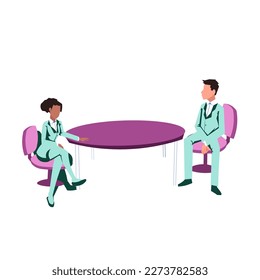 People talking about important things. Colleagues discussing agenda and brand new information. Single object without background. Bright color vector image.