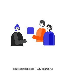 People talking about important things. Colleagues discussing agenda and brand new information. Single object without background. Bright color vector image.