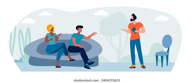 People talking against the backdrop of nature. Discussion. Friends chatting. Employee dialogues. Informal communication concept. Vector illustration