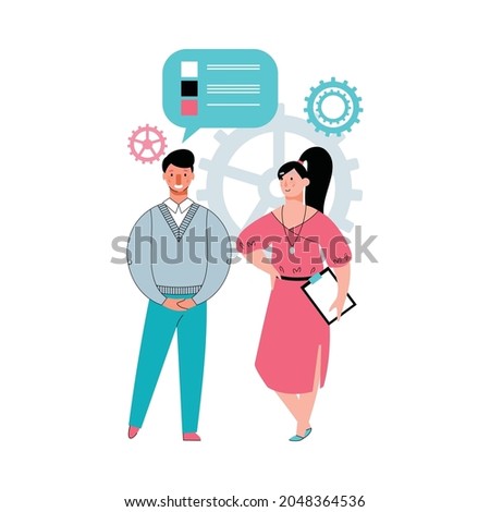 People talking at backdrop with wheel gear and message bubble, sketch vector illustration isolated on white background. Business partnership and teamwork concept.