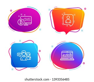 People talking, Bitcoin system and Developers chat icons simple set. Web analytics sign. Contact service, Cryptocurrency monitor, Manager talk. Statistics. Technology set. Vector