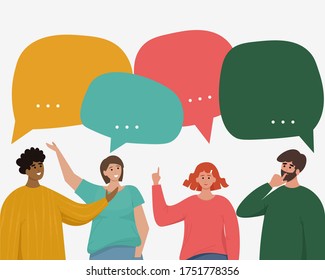 People talking, businessmen discussing news. Social network dialogue speech bubbles. Vector illustration in cartoon flat style
