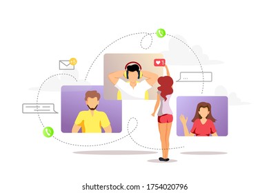 La gente habla por internet. Videoconferencia, reunión en línea, comunicación. Ilustración vectorial para afiches, banner, presentación, comercial, publicidad.