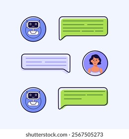 People talking with chat bot. Vector isolated illustration. Customer service concept. Chat bot virtual assistan. Digital chat bot, robot assistant. Virtual conversation assistant for getting help