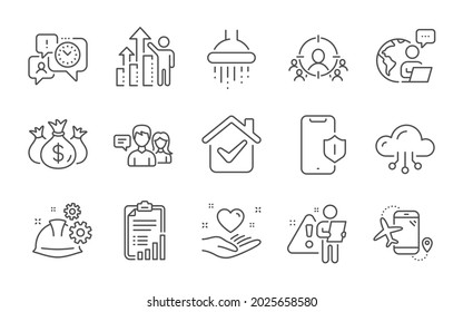 People talking, Check investment and Time management line icons set. Employee results, Working process and Checklist signs. Hold heart, Cloud computing and Shower symbols. Line icons set. Vector