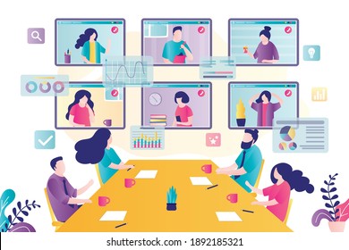 People talking with colleagues by video call. Office workers discuss statistics. Employees at online business conference. Team sits at table and communicates with partners. Flat vector illustration