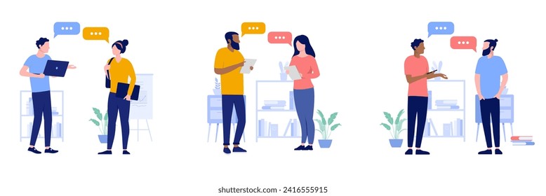 People talking collection - Set of illustrations with businesspeople having conversation and dialogue about business and work. Flat design vectors with white background