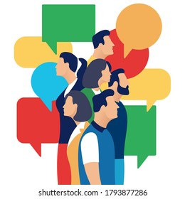 People talking, communication concept. Vector illustration of group of people and colorful speech bubbles 